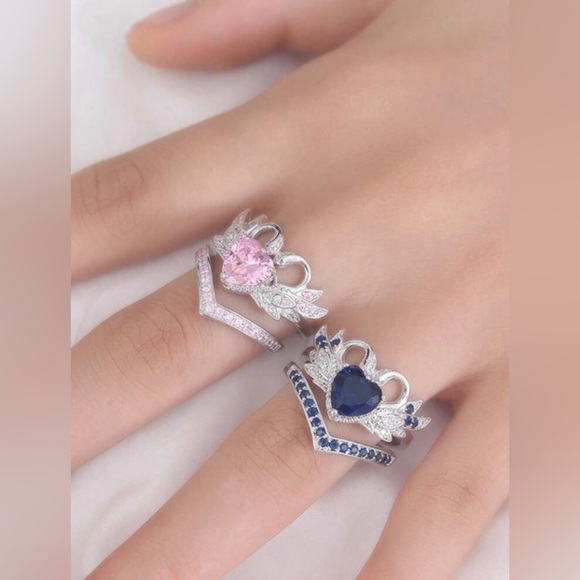 Pink Heart & Doves Ring & Band Set. - Picture 5 of 8